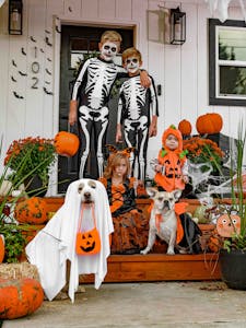 Kids and pets celebrate Halloween on a decorated porch with pumpkins.